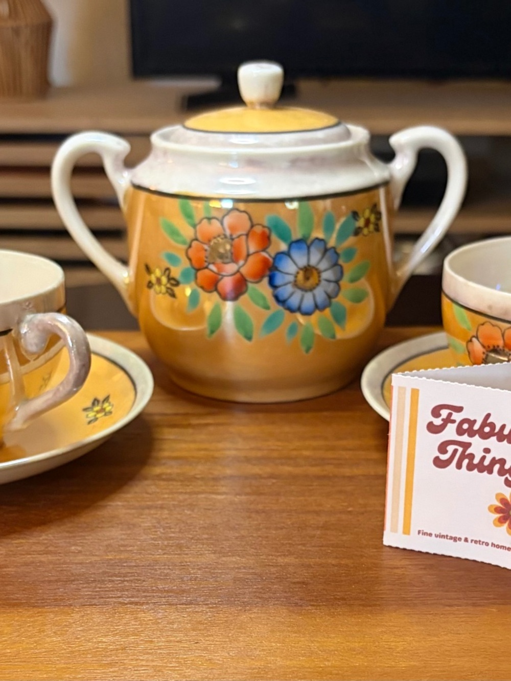 Vintage (1921-41) Japanese Lusterware Porcelain Sugar Bowl with 2 Cups & Saucers